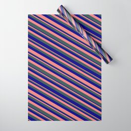 [ Thumbnail: Light Coral, Dark Slate Gray & Blue Colored Striped/Lined Pattern Wrapping Paper ]