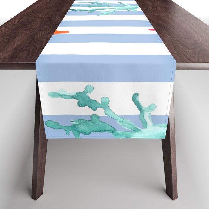 Colorful Coral Reef on Baby Blue Stripes Table Runner