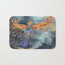 The Phoenix Rising From the Ashes Bath Mat | Mixed Media, Collage, Animal, Illustration 