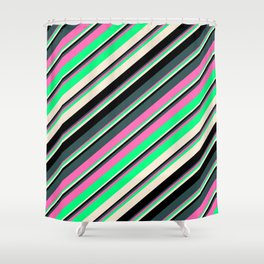 [ Thumbnail: Eyecatching Dark Slate Gray, Hot Pink, Green, Beige, and Black Colored Lines Pattern Shower Curtain ]