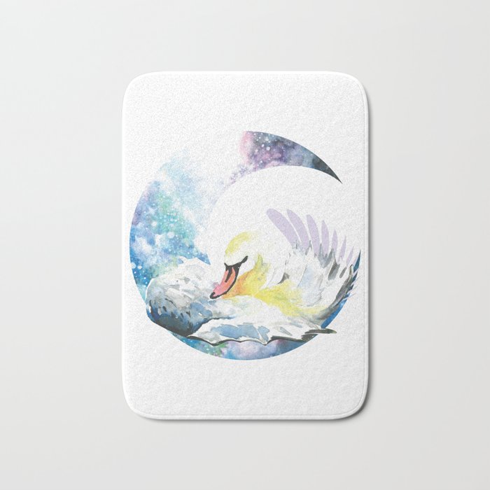 Watercolor Swan & Crescent Moon in Galaxy Bath Mat