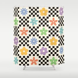 Retro Colorful Flower Double Checker Shower Curtain
