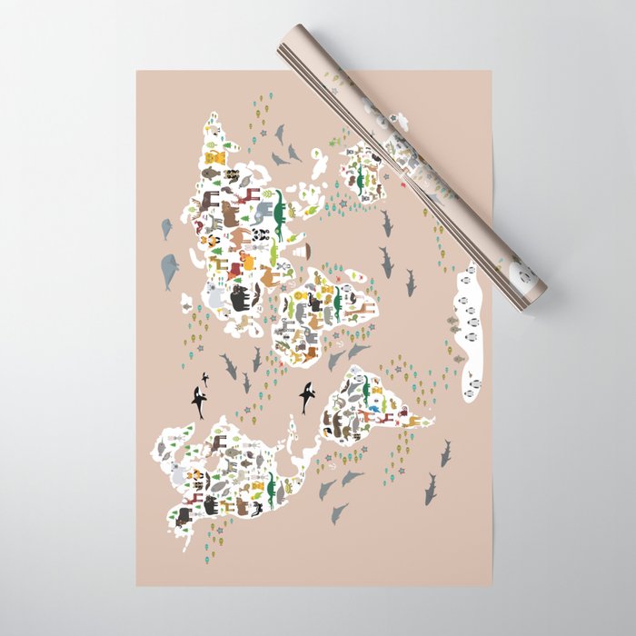 Cartoon world map for children, kids, Animals from all over the world, back to school, rosybrown Wrapping Paper