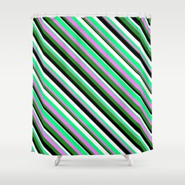 [ Thumbnail: Green, Violet, Forest Green, Black, and White Colored Stripes Pattern Shower Curtain ]