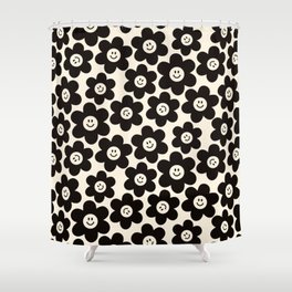 Retro Black & White Smiley Flower Pattern Shower Curtain