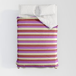 [ Thumbnail: Brown, Orchid & Light Yellow Colored Stripes/Lines Pattern Comforter ]