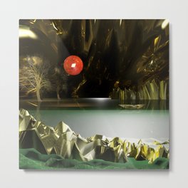 3d Modeling Cave Lake with Red Sun Metal Print