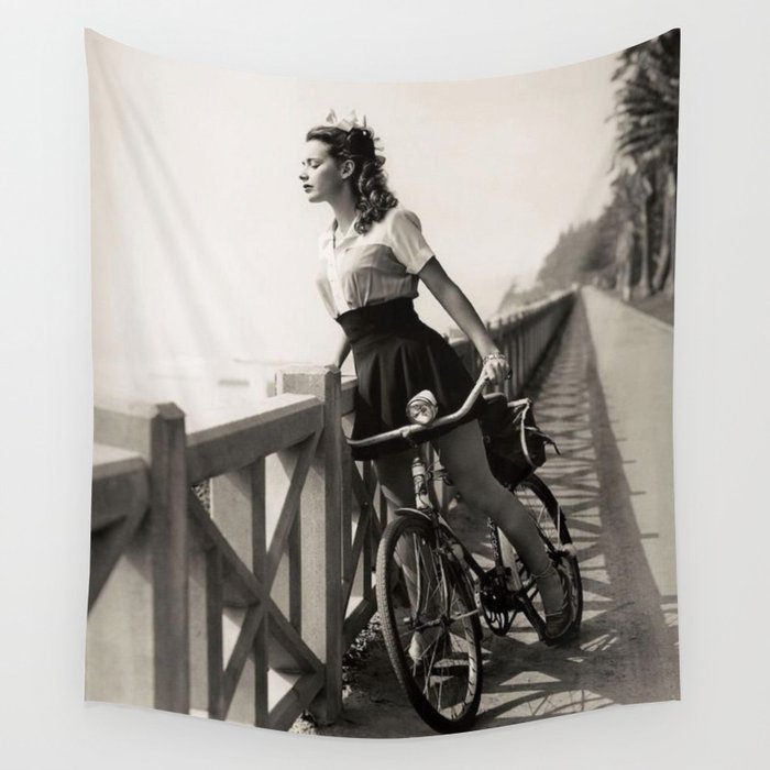 Girl on a Bicycle near palms black and white photograph / art photography Wall Tapestry
