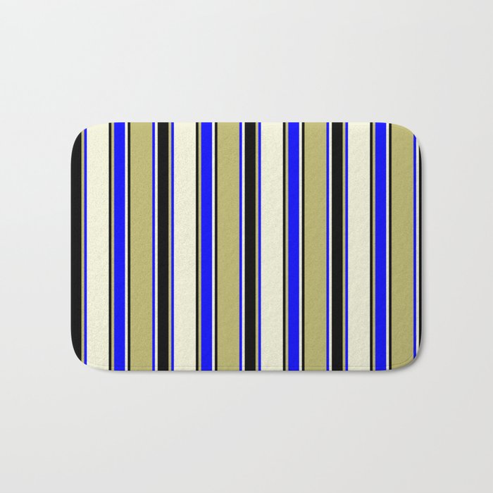 Dark Khaki, Blue, Beige, and Black Colored Stripes/Lines Pattern Bath Mat