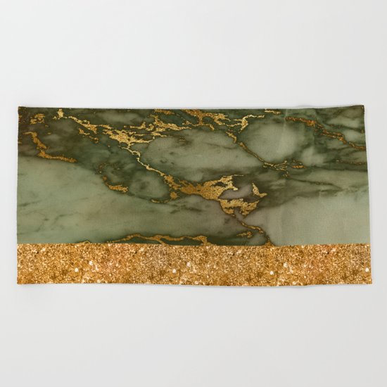Green Marble with Gold and Glitter Beach Towel