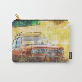 Classic Red Car On Grass Field Carry-All Pouch | Cocheantiguo, Abandonedcar, Coche, Car, Abandoned, Parkedcar, Motorvehicle, Meadow, Ukraine, Painting 