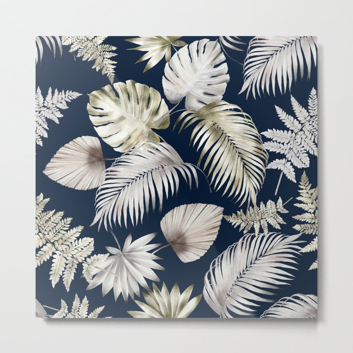 Elegant Tropical Leaves on Navy Blue Metal Print