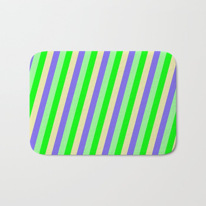 Lime, Pale Goldenrod, Medium Slate Blue, and Green Colored Lined/Striped Pattern Bath Mat