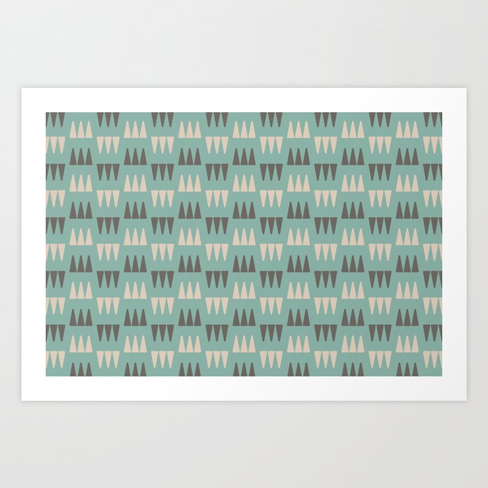 Retro Modernist Geometric Tri-Triangle Pattern 729 Blue Gray and Beige Art Print