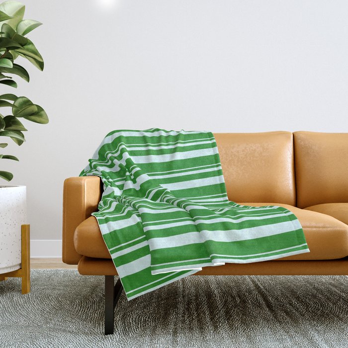 Light Cyan and Forest Green Colored Lined Pattern Throw Blanket