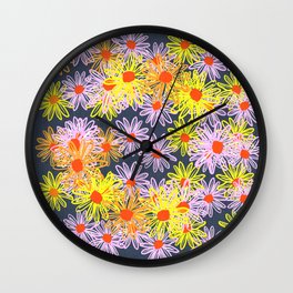 Mid-Century Modern Spring Daisy Flowers On Navy Blue Wall Clock