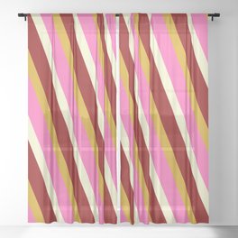 [ Thumbnail: Hot Pink, Light Yellow, Dark Red, and Goldenrod Colored Stripes Pattern Sheer Curtain ]