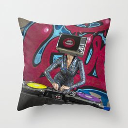 Sexy DJ with television as a head and graffiti background Throw Pillow