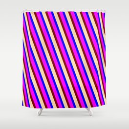 [ Thumbnail: Blue, Fuchsia, Maroon, and Tan Colored Lined Pattern Shower Curtain ]