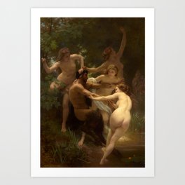 Nymphs and Satyr, 1873 by William Adolphe Bouguereau Art Print | Bacchanalia, Playfully, Nude, Painting, Pond, Breasts, Mythology, Satyr, Myth, Faun 