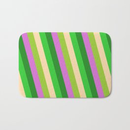 [ Thumbnail: Eye-catching Lime Green, Tan, Green, Orchid, and Forest Green Colored Stripes Pattern Bath Mat ]