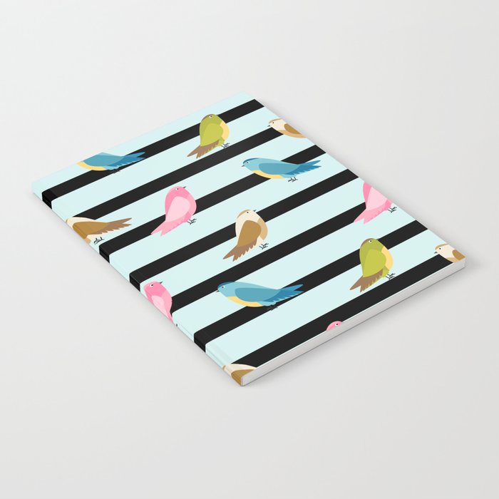 Watercolor Birds and Black Stripes on Light Aquamarine Blue Notebook