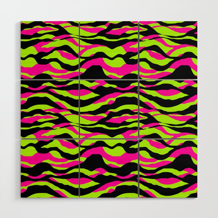 Neon Green Pink Black Wavy Pattern Wood Wall Art