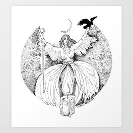 feminine spirit with candle and raven   Art Print | Candle, Raven, Wicca, Newmoon, Blackandwhite, Ink, Pagan, Woman, Mystic, Energy 