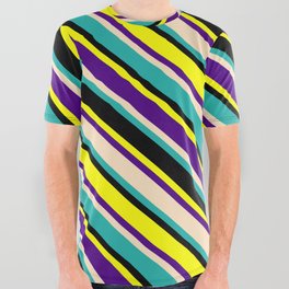 [ Thumbnail: Eyecatching Yellow, Indigo, Bisque, Light Sea Green, and Black Colored Lined Pattern All Over Graphic Tee ]