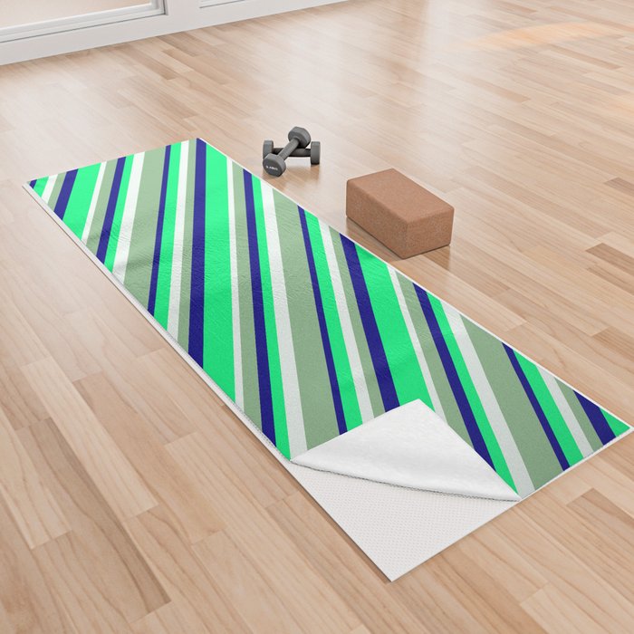 Dark Sea Green, Mint Cream, Green, and Blue Colored Striped Pattern Yoga Towel