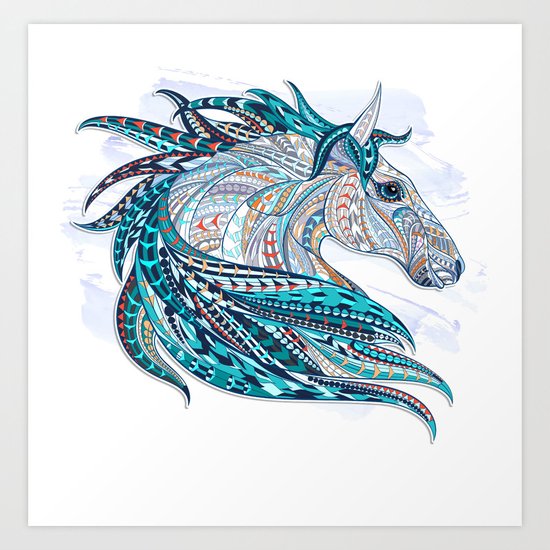 Blue Ethnic Horse Art Print