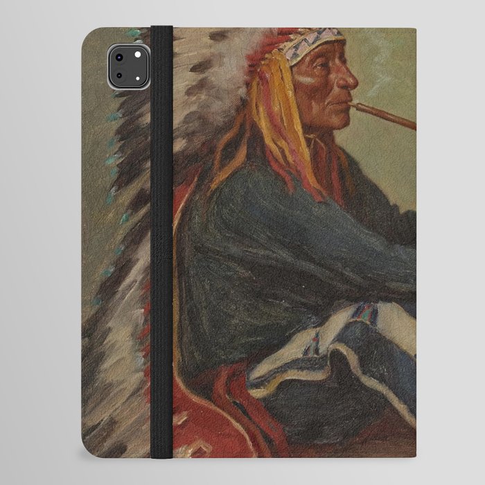 Full portrait of Chief Flat Iron smoking peace pipe Sioux First Nations American Indian portrait painting by Joseph Henry Sharp iPad Folio Case