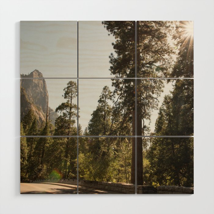 Bright sky and sunshine trough the trees with mountains | Yosemite National Park USA | Colorful travel photography print Wood Wall Art