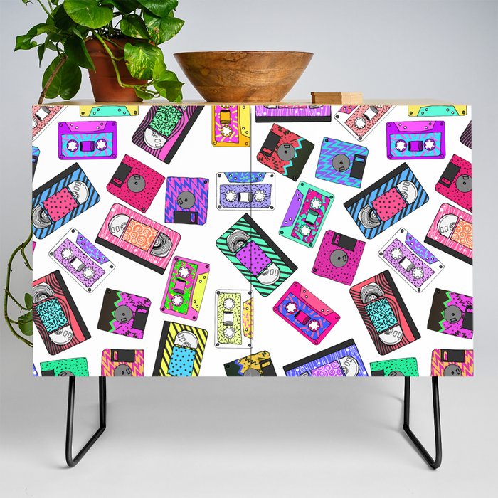 Retro 80's 90's Neon Patterned Cassette Tapes Credenza