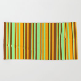 [ Thumbnail: Brown, Light Green, and Orange Colored Striped Pattern Beach Towel ]