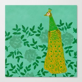 Peacock and Flower - Green and Emerald Canvas Print