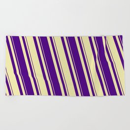 [ Thumbnail: Pale Goldenrod and Indigo Colored Striped/Lined Pattern Beach Towel ]