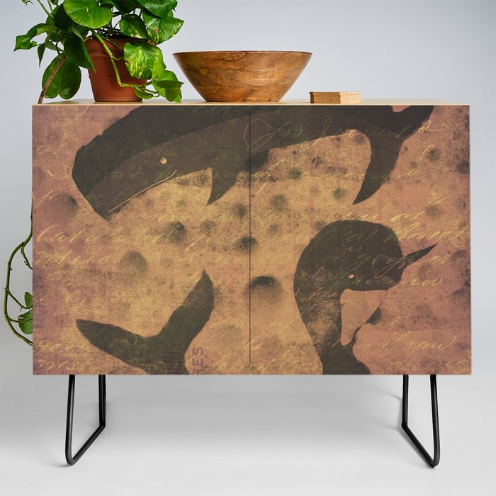 Narwhal and whale swim happily through the seas Credenza