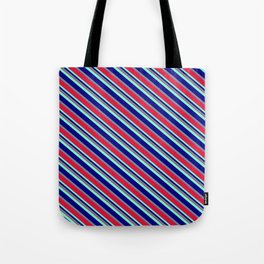 [ Thumbnail: Aquamarine, Blue, Light Slate Gray & Crimson Colored Lines/Stripes Pattern Tote Bag ]