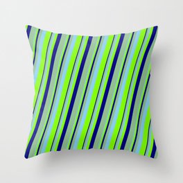 [ Thumbnail: Sky Blue, Chartreuse, Blue & Dark Sea Green Colored Lines Pattern Throw Pillow ]