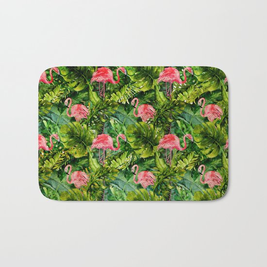 Aloha- Tropical Flamingo Bird and Palm Leaves Garden Bath Mat