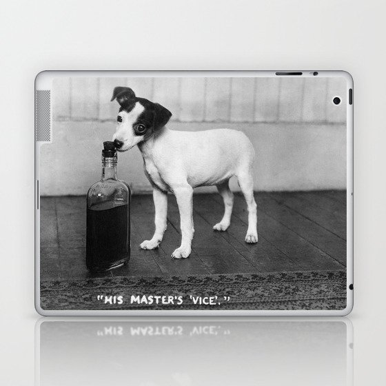 His Master’s Vice; Dog with bottle of master's whiskey black and white photograph - photography - photographs Laptop & iPad Skin