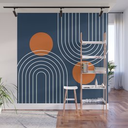 Mid Century Modern Geometric 83 in Navy Blue and Orange (Rainbow and Sun Abstraction) Wall Mural