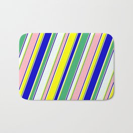 [ Thumbnail: Eyecatching Mint Cream, Yellow, Sea Green, Light Pink & Blue Colored Lines/Stripes Pattern Bath Mat ]
