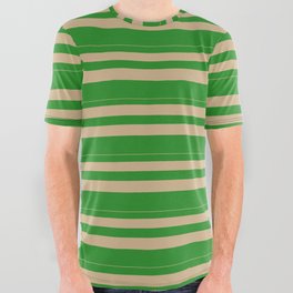 [ Thumbnail: Tan & Forest Green Colored Lines Pattern All Over Graphic Tee ]