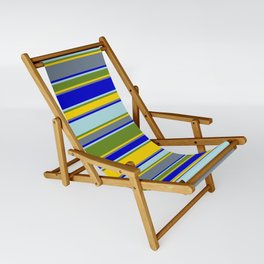 [ Thumbnail: Colorful Powder Blue, Green, Yellow, Slate Gray & Blue Colored Striped Pattern Sling Chair ]