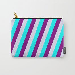 [ Thumbnail: Aqua, Purple, and Lavender Colored Lined Pattern Carry-All Pouch ]