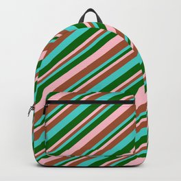 [ Thumbnail: Turquoise, Dark Green, Pink, and Sienna Colored Lines Pattern Backpack ]