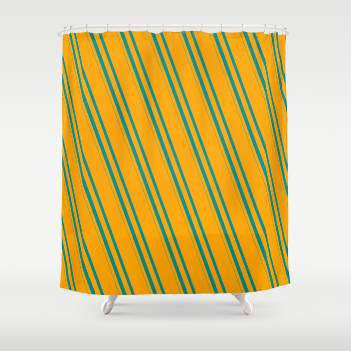 Orange and Dark Cyan Colored Striped/Lined Pattern Shower Curtain