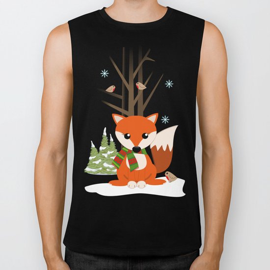 Cute winter fox with a red / green scarf, Biker Tank